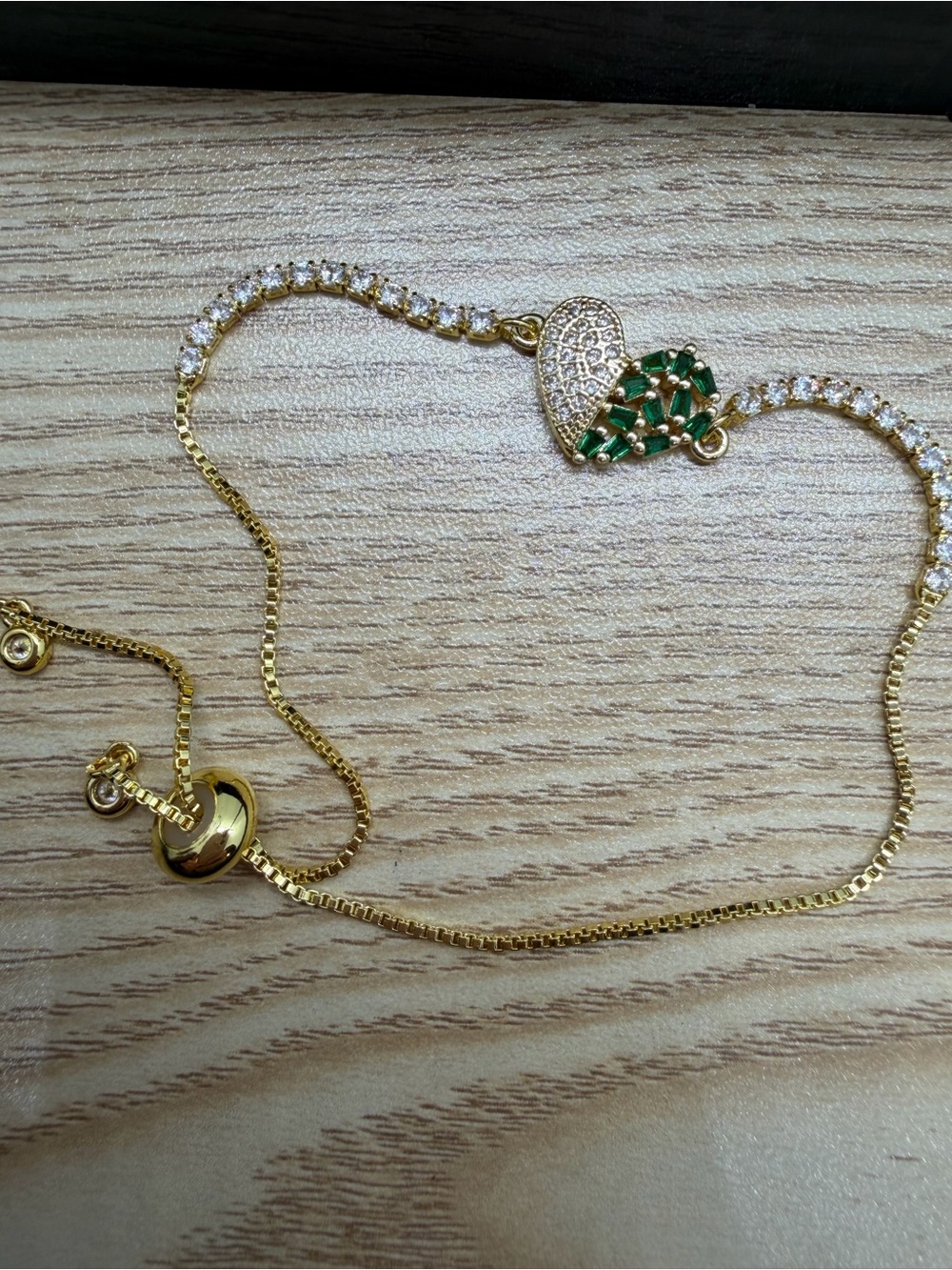 Gold Heart Bracelet with Green and Clear Stones